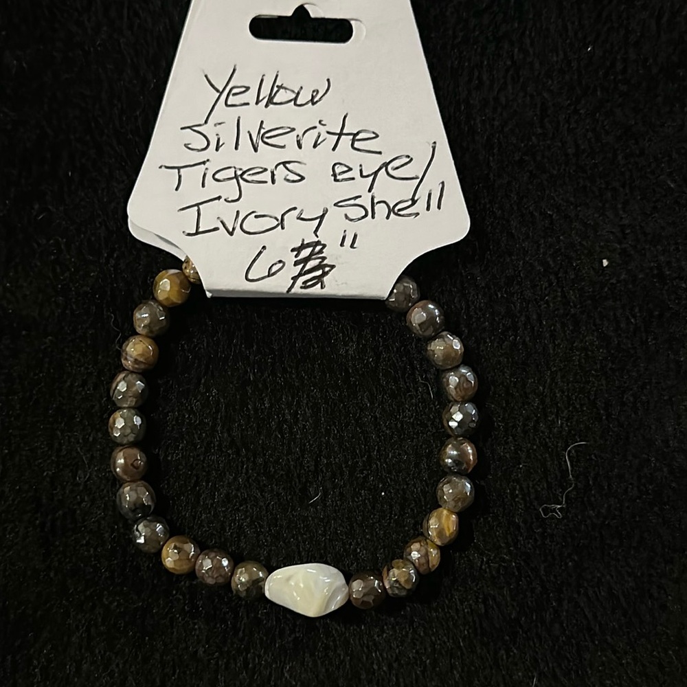 Gorgeous Hand Crafted Yellow Silveright Tigers Eye and Ivory Shell Bracelet